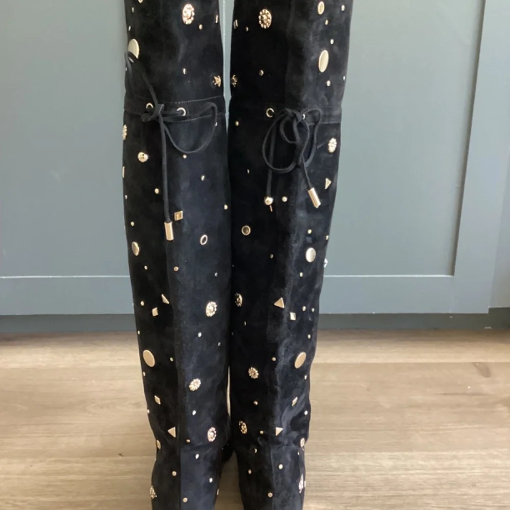 REDUCED ROGER VIVIER Embellished Studded Accent Black Suede OTK Boots Size 37 7